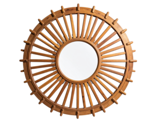 Rustic Wooden Sunburst Mirror Front View, Symmetrical Frame, Isolated on Transparent Background