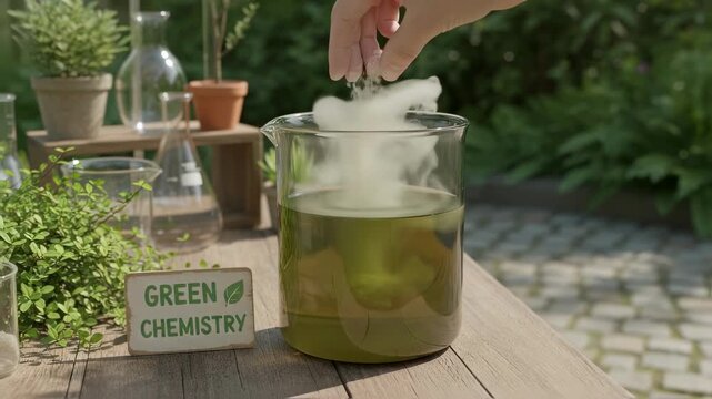 Closeup medium shot of biobased flocculant granules being added to a natural water treatment setup emphasizing green chemistry for environmental protection.
