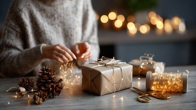 Crafting Beautifully Wrapped Gifts with Twinkling Lights in a Cozy Atmosphere for a Festive Season of Celebration and Joyful Giving