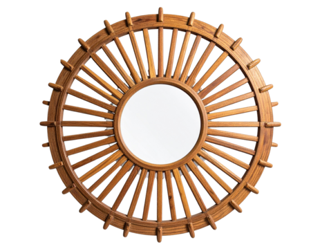 Rustic Wooden Sunburst Mirror Front View, Symmetrical Frame, Isolated on Transparent Background