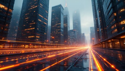 Obraz premium Digital network flows through futuristic city. Bright orange lines speed through dark urban landscape past tall illuminated skyscrapers. Data streams indicate rapid progress and tech advancement.