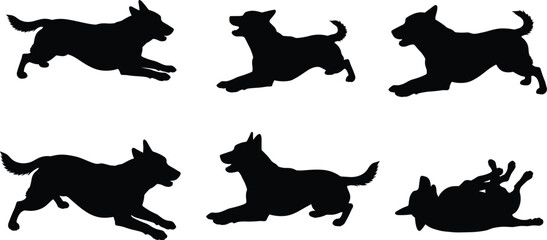 Set of playful dog silhouette poses showing active movement, jumping, running, and lying down for pet-themed vector design content © Asha Creatives