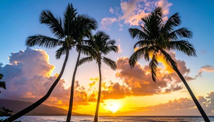 Silhouette of palms against a colorful, dynamic sky at sunset