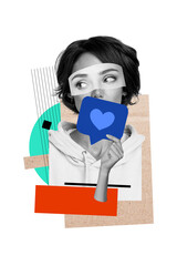 Composite artwork collage template sketch of portrait young lady hand hold like notification social...