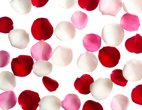 Scattered Rose Petals in White, Pink, and Red, Top-Down Flat Lay, Isolated on Transparent Background 