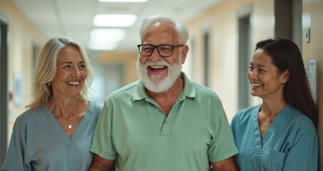 Obraz premium Smiling senior man walks down hospital hallway with two female nurses. They seem cheerful and supportive. The image conveys positive patient care and recovery.