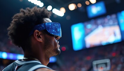 Man wears virtual reality goggles watching basketball game in stadium. Futuristic arena displays game on big screens. Athlete explores sports tech future.