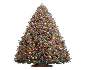 Festive decorated Christmas tree for holiday season, glowing with colorful ornament and magical light. This joyful isolated element perfect for seasonal design projects