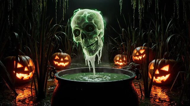 Skull Dropping Into Halloween Cauldron With Jack-O'-Lanterns