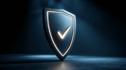 A dark-colored shield with a bright yellow checkmark. Security and data protection. For use in the fields of cybersecurity, information technology, insurance, and reliable services.