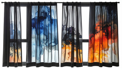 Obraz premium Abstract watercolor curtains with blue and fiery orange designs window