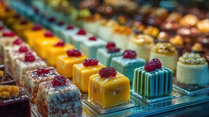 Colorful square pastries with raspberry topping in modern patisserie display