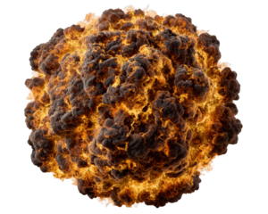 Powerful fiery explosion with glowing fireball of destructive energy and black smoke. This violent blast, an element of danger, bursts with intense power and heat
