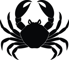Black vector illustration of a crab silhouette seafood symbol with claws and a shell on a white background