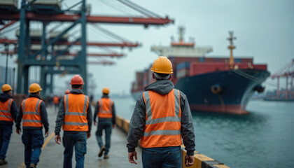 Dockworkers in hard hats, orange vests walk on pier. Large cargo ship with containers moors at busy port terminal. Huge industrial cranes stand ready for global trade logistics. Men work hard at