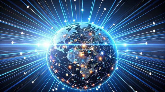 Digital globe connected by lines and icons representing global networking.
