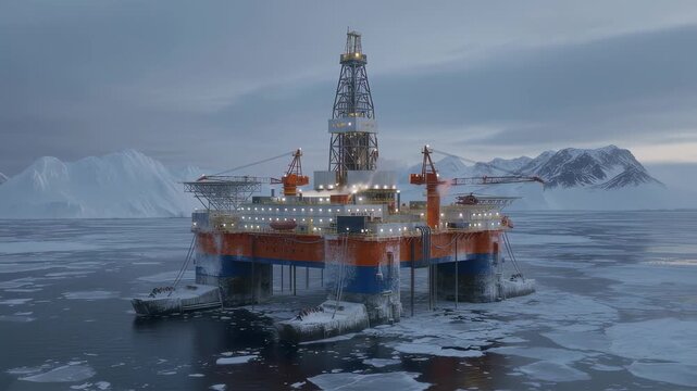 Arctic floating drilling unit in a icy environment emphasizing robust design and iceresistant features to withstand extreme cold conditions.
