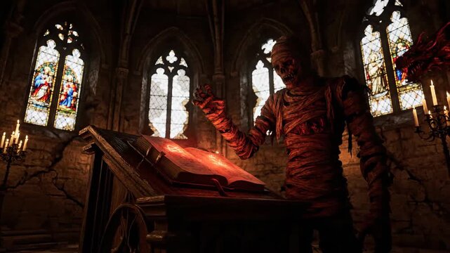 Mummy Reading Magic Spell Book in Ancient Stone Church, Halloween