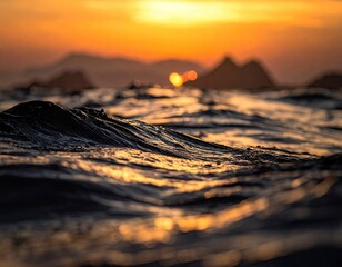 Sea sunset, blurry mountains behind