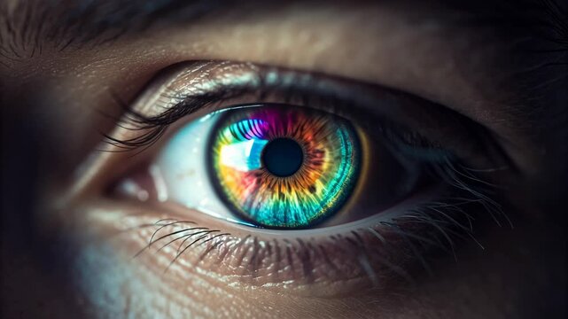 Vibrant close-up of a human eye with colorful iris patterns.