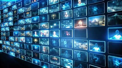 Digital collage of images with glowing wave effect on a dark background. - Powered by Adobe