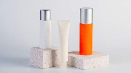 Cosmetic pink bottle. Womens cosmetic accessory for makeup with stylish props on white background.