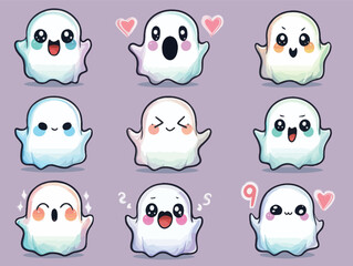 Fototapeta premium A grid of nine cute cartoon ghosts shows various emotions like happiness, surprise, and love. Each ghost features a unique expression in soft pastel colors.