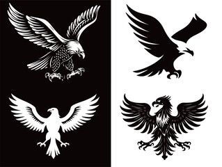 Fototapeta premium Four unique eagle designs are displayed against black and white backgrounds, showcasing different styles and poses. The artwork highlights the beauty and majesty of eagles.