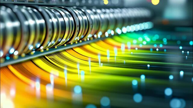 Industrial printing machine producing a vibrant spectrum of colors, showcasing the dynamic of process technology printing modern video 4k