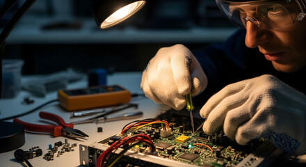 Precision Electronics Repair Technician Meticulously Fixing Circuit Board with Soldering Iron in Clean Workshop Precision Detail and Modern Technology for Industry Use
