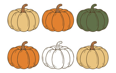 Colorful Pumpkin Vector Set for Autumn, Fall Harvest and Halloween Decoration