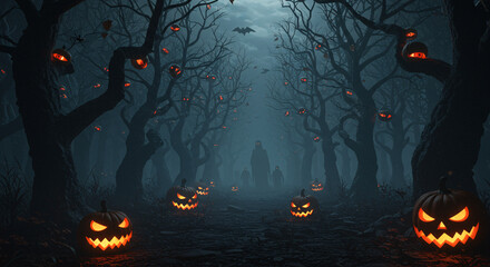 Black and orange cartoon vector illustration of a scary pumpkin and bats silhouette on a dark, spooky October night background with a tree and moon