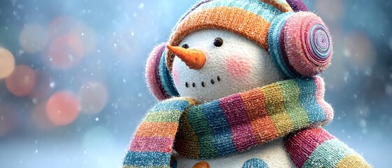 Creative snowman with colorful scarf and earmuffs