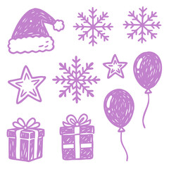 Set of isolated Christmas and New Year party decoration ornaments in black doodle hand-drawn graphic illustration on a white background 5