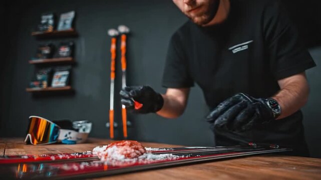 A Skilled Technician Prepares Skis with Precision, Applying a Wax Mixture on the Base for Optimal Performance and Speed in Snow Sports Activities