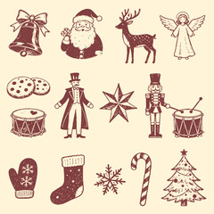 Set of isolated Christmas and New Year party decoration ornaments in black doodle hand-drawn graphic illustration on a white background 5