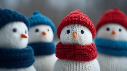 Family snowman-building scene with scarves and hats