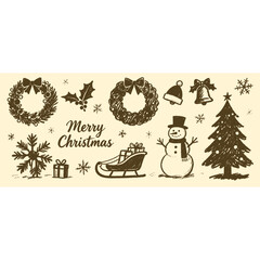 Set of isolated Christmas and New Year party decoration ornaments in black doodle hand-drawn graphic illustration on a white background 5