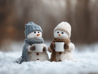 Friends sipping hot cocoa after building a snowman