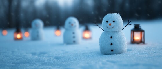 Snowman lit by lanterns during a snowy evening
