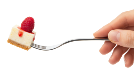 a piece of raspberry cheesecake on a fork with a hand holding it