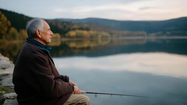 An elderly man sits peacefully by a tranquil lake, fishing quietly, representing relaxation and the joy of simple pleasures in nature during a calm evening.