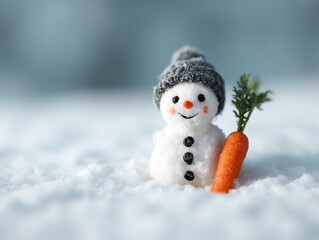 Snowman with carrot nose and coal buttons in snowy landscape