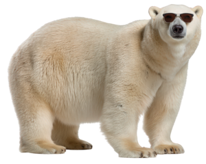 Cool funny polar bear wearing sunglasses with playful and humorous expression. Isolated animal character, fun clipart concept for creative and amusing designs