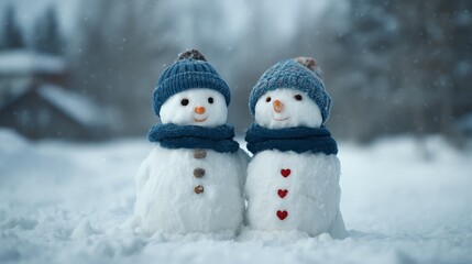 Snowman-building competition in a snowy neighborhood