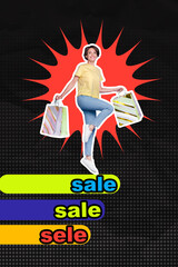 Trendy vertical zine art pop trend collage of happy girl hold packages jump sale promo market retail final offer discount