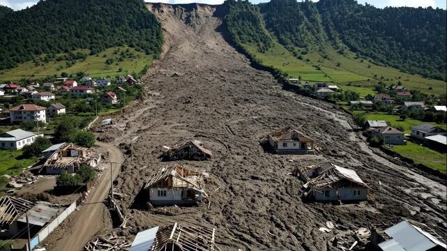 Video showing a village affected by a catastrophic mudslide or landslide, burying homes and landscape in destruction.