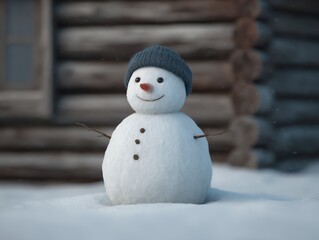 Snowman-building near a rustic wooden cabin