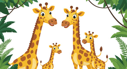 Fototapeta premium Adorable family of giraffes in lush jungle surroundings with tropical foliage and vines isolated on white background