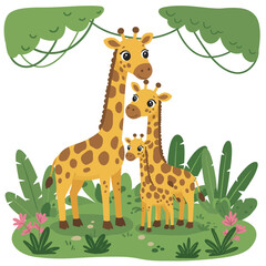 Fototapeta premium Adorable cartoon giraffe family under lush jungle canopy with vibrant green foliage isolated on white background